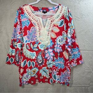 Talbots Lace‎ Trim Tunic Fantastic Paisley Red Women’s XLP Resort Wear Patriotic